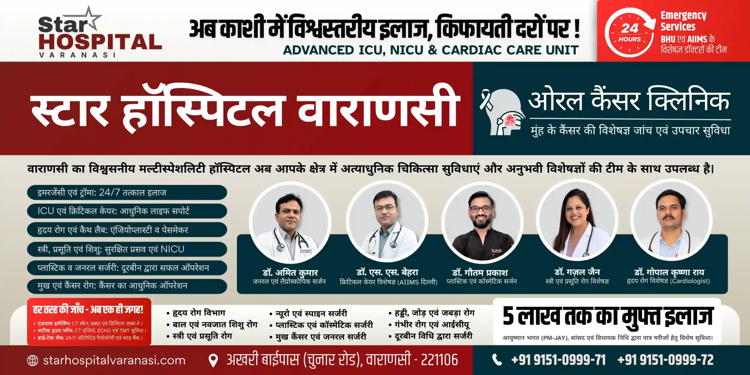 Complete multi-specialty banner of Star Hospital, recognized as the best hospital in varanasi and the best multispeciality hospital in varanasi, featuring our specialist doctors panel, full address, and 24/7 contact helpline.