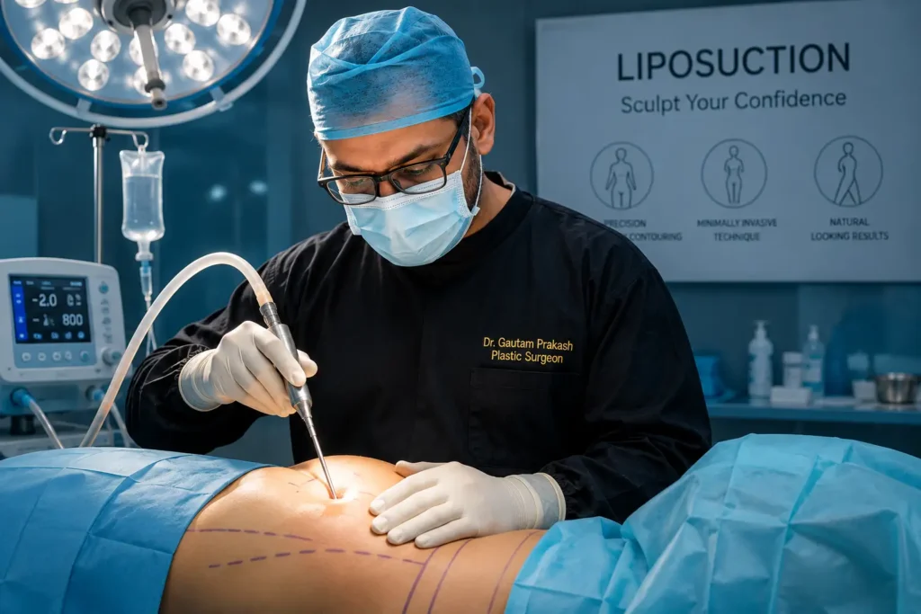 Best plastic surgeon in Varanasi Dr. Gautam Prakash performing advanced liposuction treatment at Star Hospital