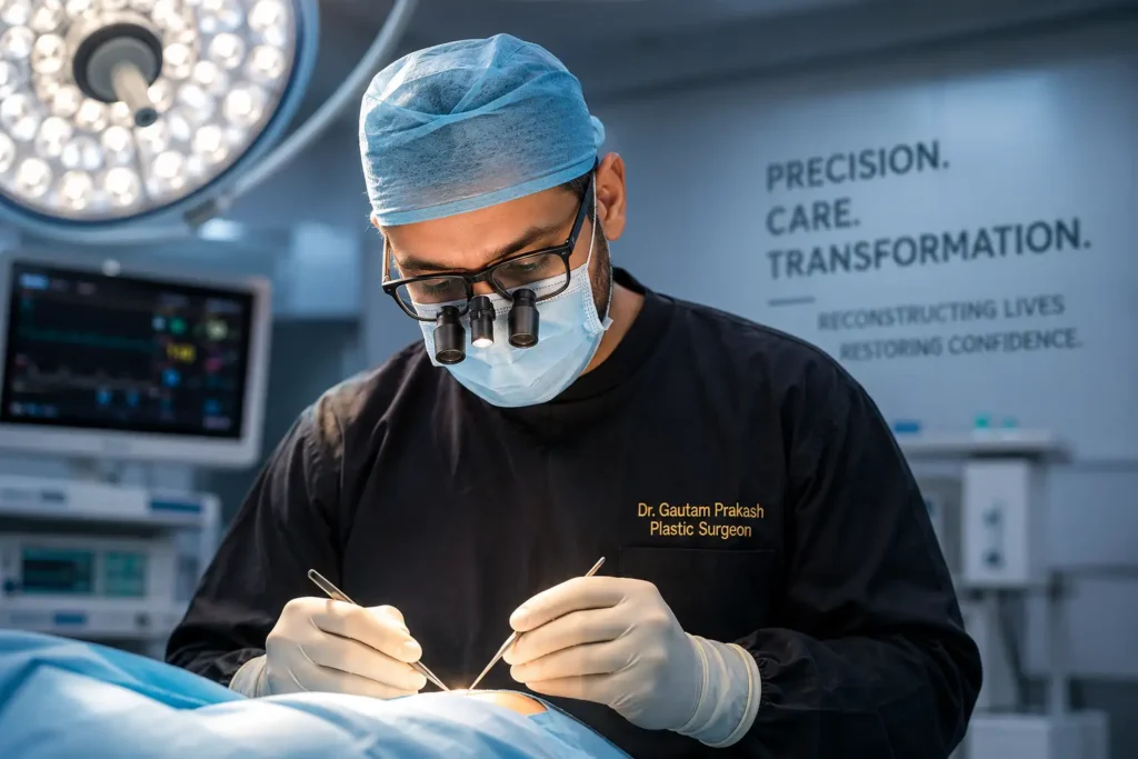Dr. Gautam Prakash MCh Plastic Surgeon performing surgical operation in modular OT at Star Hospital Varanasi