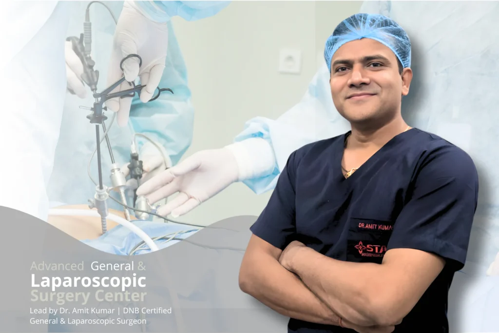 Dr. Amit Kumar performing laparoscopic keyhole surgery in modular OT at Star Hospital Varanasi