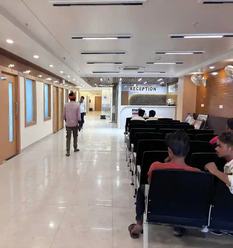 Spacious modern patient waiting hall and reception lobby at Star Hospital Varanasi