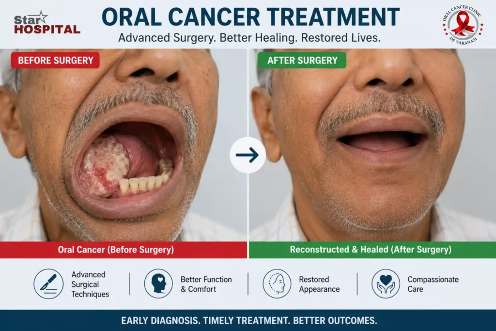 Oral cancer before and after surgical excision and microvascular reconstructive flap surgery at Star Hospital Varanasi