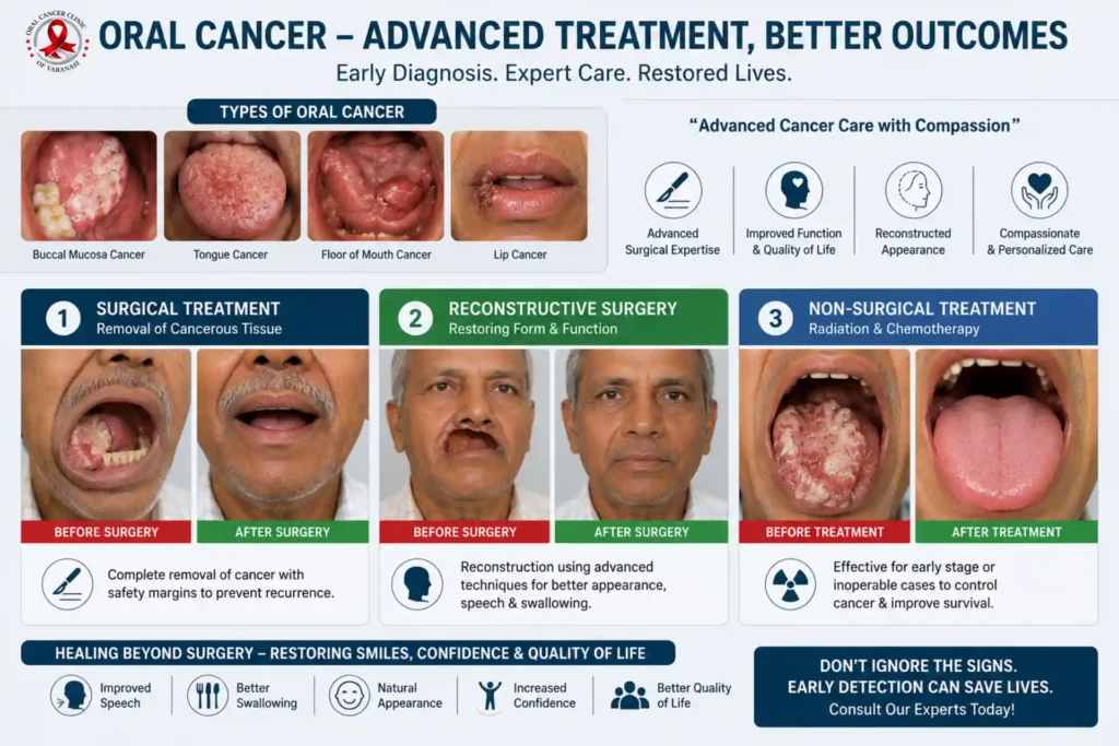 Infographic showing types of oral cancer buccal mucosa tongue mouth floor lip cancer and surgical reconstructive treatment options at Star Hospital Varanasi