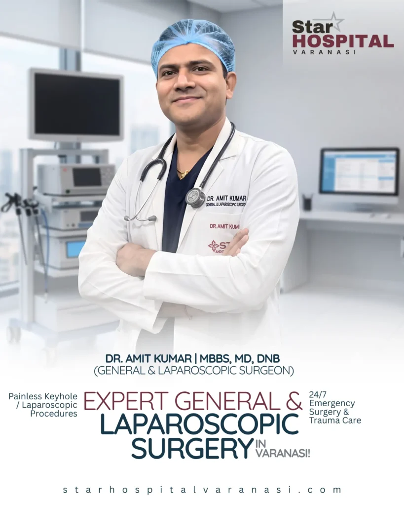 Dr Amit Kumar Best General Surgeon in Varanasi performing laparoscopic surgery at Star Hospital