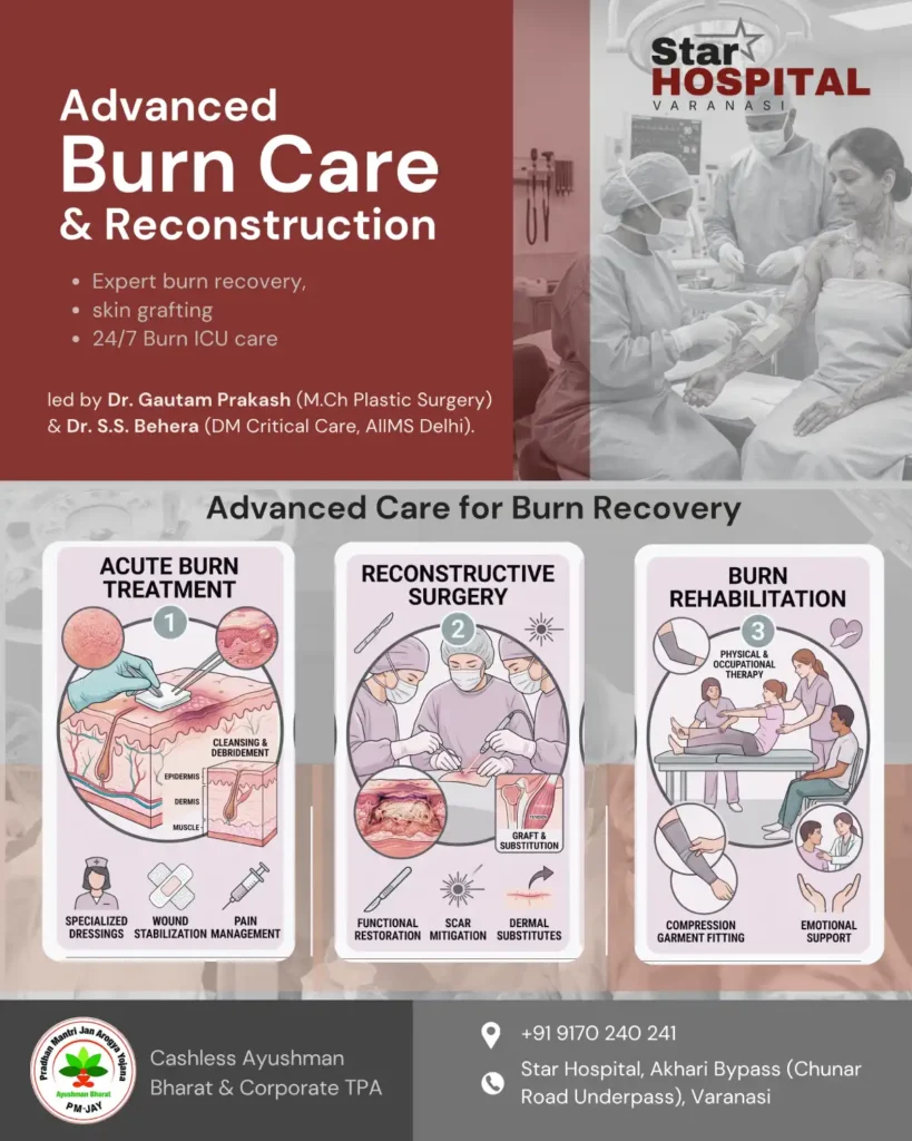 Best burn surgery hospital in Varanasi featuring plastic surgeon Dr Gautam Prakash and Level-3 Burn ICU at Star Hospital