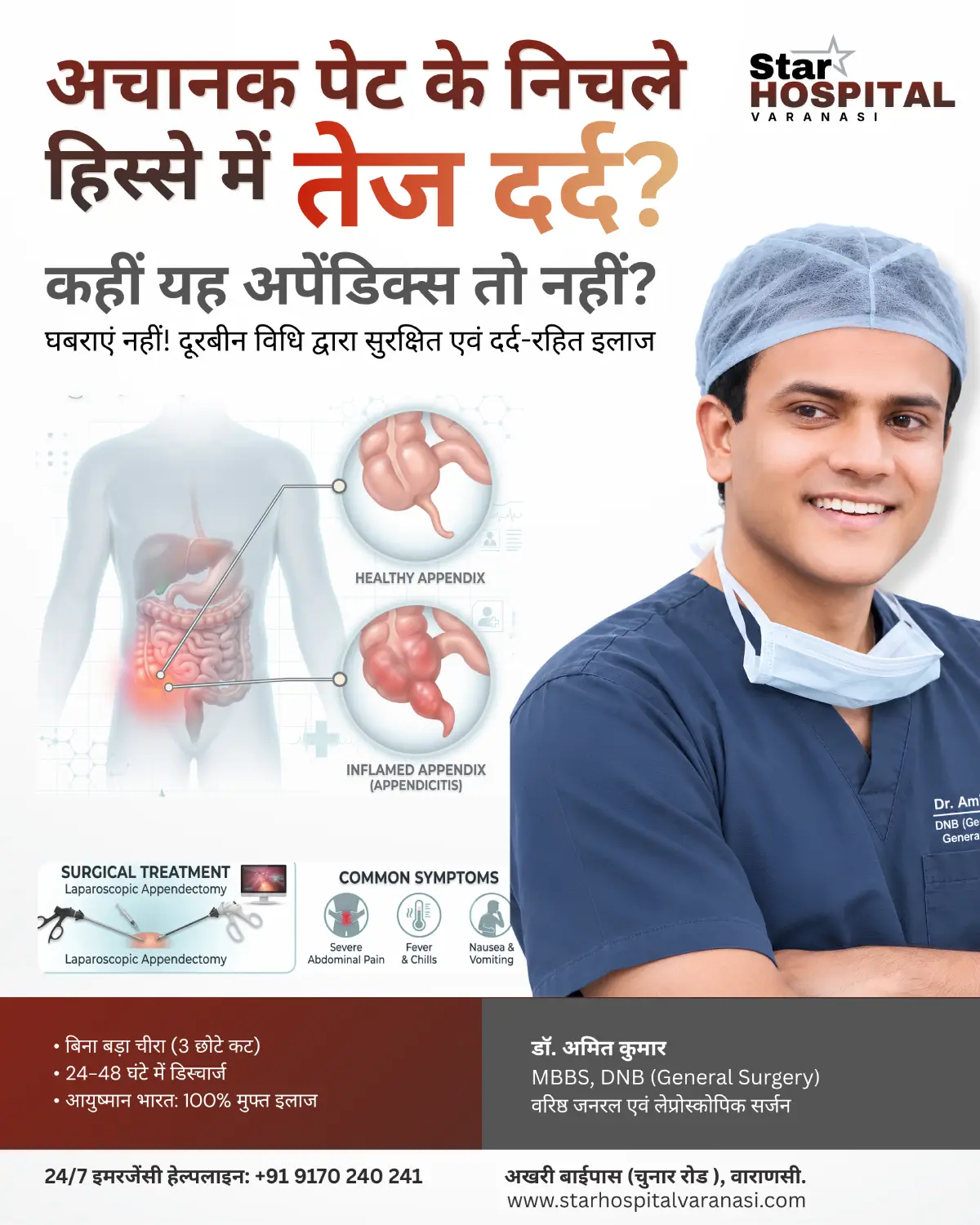 Emergency laparoscopic appendix surgery performed by DNB general surgeon at Star Hospital Varanasi on Chunar Road